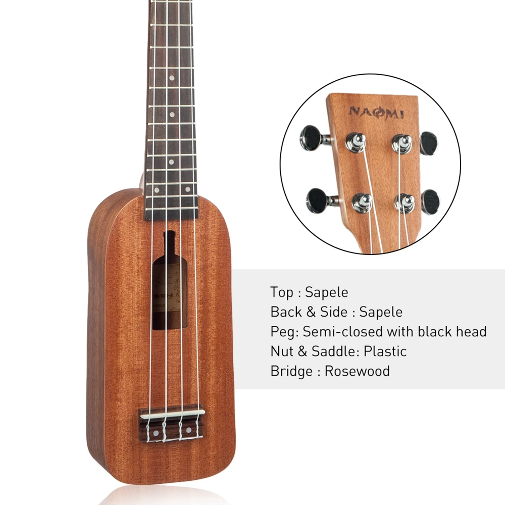 NAOMI 21/23 дюймов укулеле бутылка дизайн Sapele Topboard Backboard палисандр гриф Ukeleles музыкальная игрушечная гитара для детей начинающих