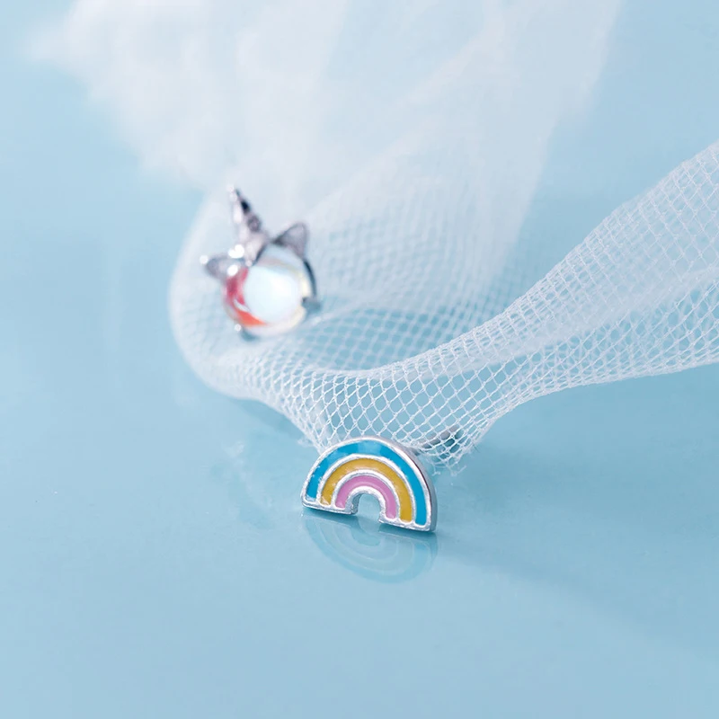

MloveAcc S925 Sterling Silver Female Earrings Korean Small Fresh Cartoon Lovely Asymmetric Rainbow Stud Earrings for Girls