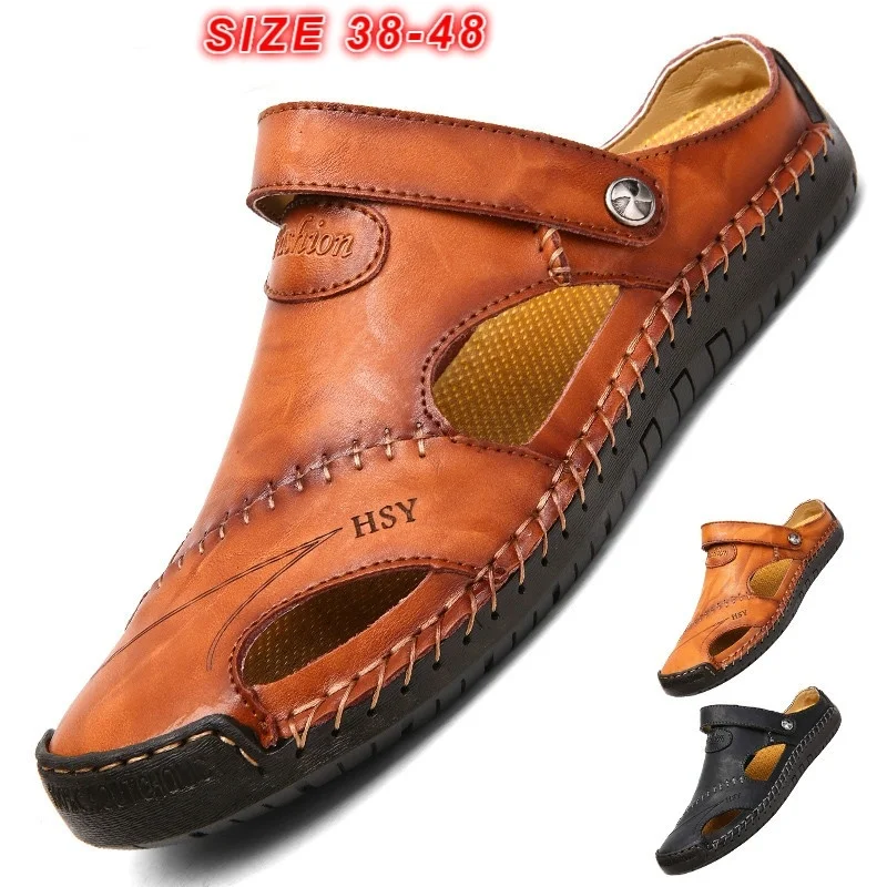 

2019 New Fashion Sandals Men Hand Stitching Soft Outdoor Closed Toe Leather Sandals Fashion Breathable Slippers Size EU 38-48