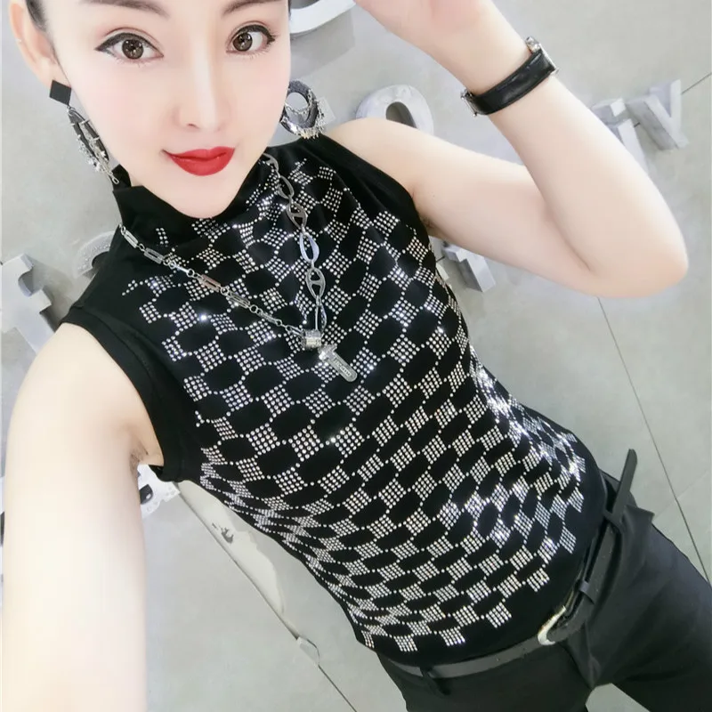 

2019 Summer Women Shiny Tanks Fashion Women Gemstones Tanks Tops Lady Bling Bling Raintones Tanks