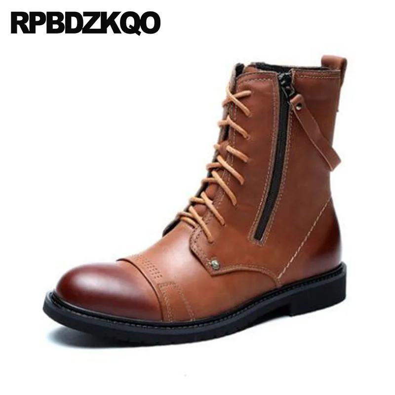 

Full Grain Leather Ankle Retro Combat Boots 2018 Runway Fall Shoes Autumn Military Zipper Army European Men Brown Luxury Lace Up