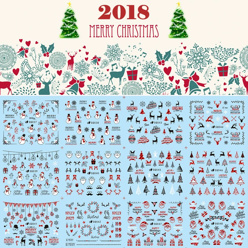 

12 Designs in 1 Set Winter Snowflake 3D Nail Art Stickers Tips Wraps Christmas Style Santa Claus Manicure Decal DIY SQ037-048