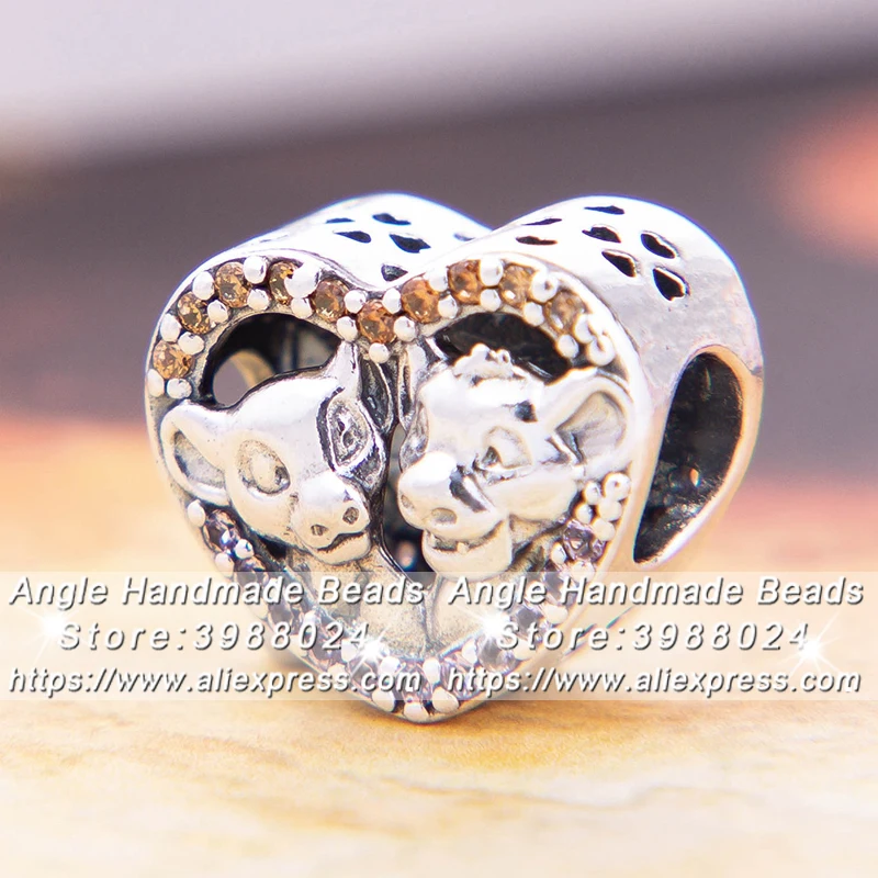 

2019 Summer Release Sterling Silver Disn ey Sparkling Simba & Nala Heart Charm With Crystal Charm Fit DIY European Bracelets