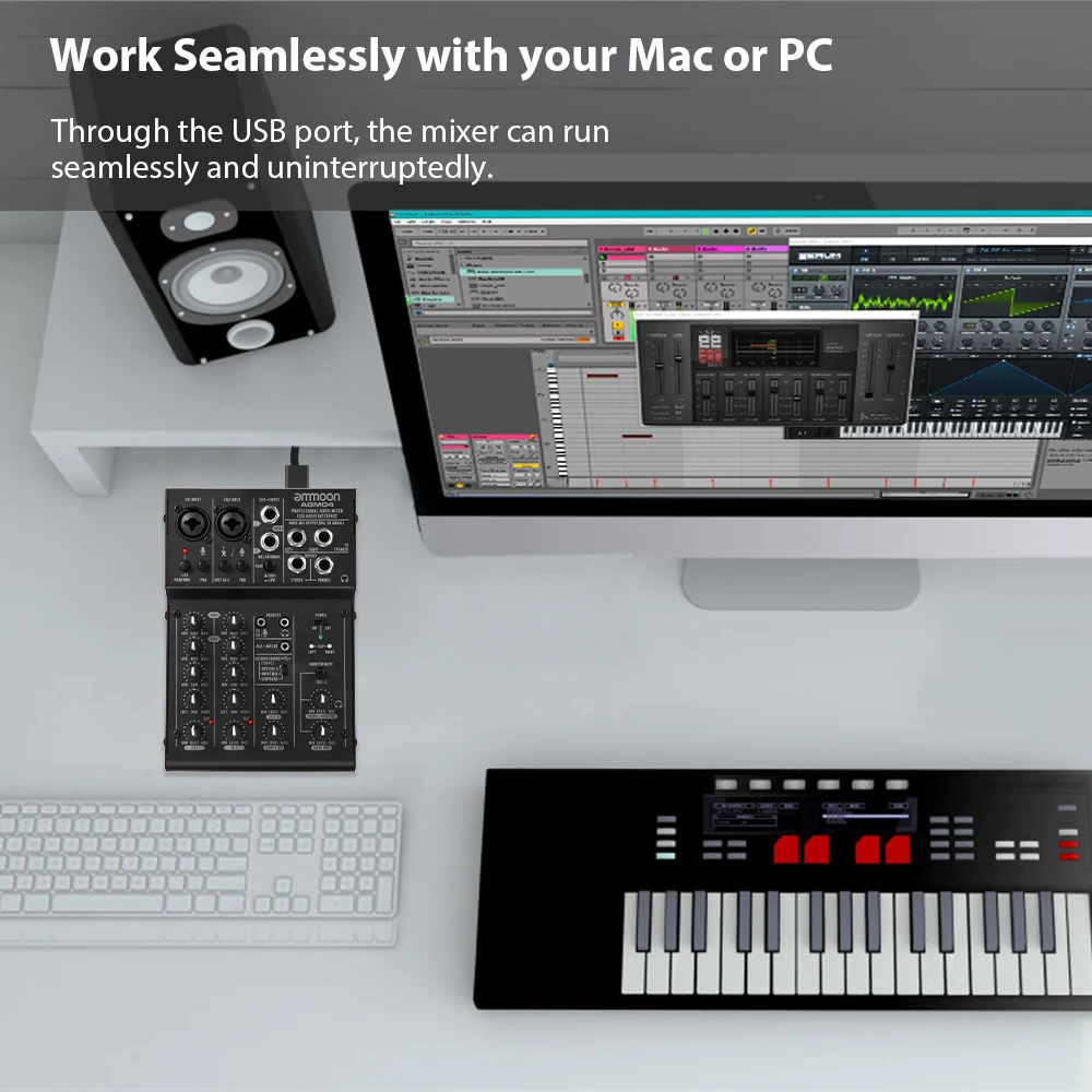 Ammoon 4-канальный мини микшерный пульт Цифровой аудио смеситель 2-полосный эквалайзер встроенный 48V Phantom Мощность 5В USB Мощность ed