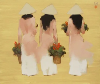 

Young girls in pink Oil on Canvas painting by Vietnamese Artist on canvas good for bedroom decoration