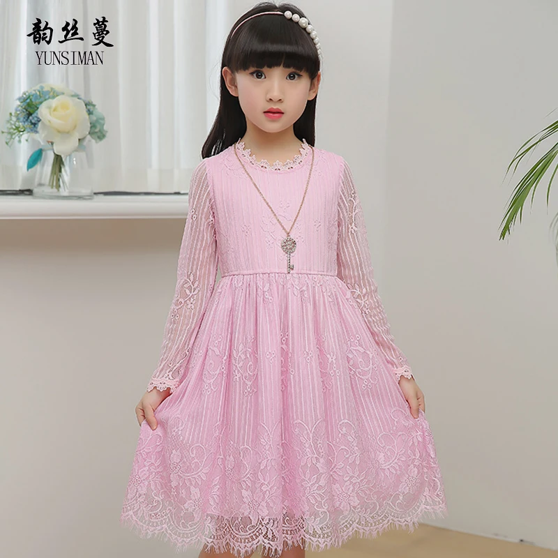 

Elegant Girls Lace Dress Long Sleeve spring 2019 Kids O-neck White Lace Party Dresses Girl Knee Dress for 3 to 12 Years 50M13A