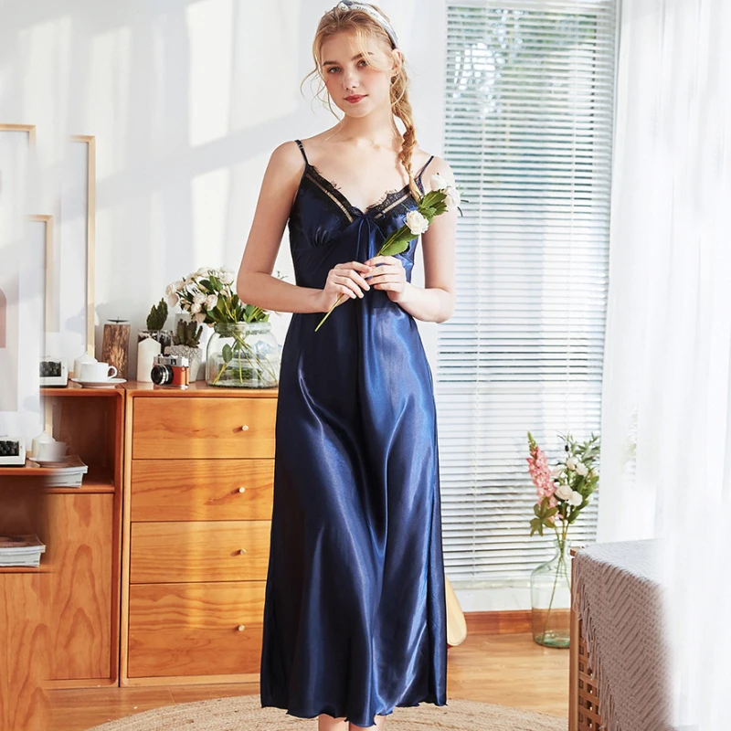 

SSH0339 Women Nightgown Summer Sexy Sleeveless Night Dress Lace Trim V-Neck Long Night Gown Lady Satin Silk Sleepwear Nightwear