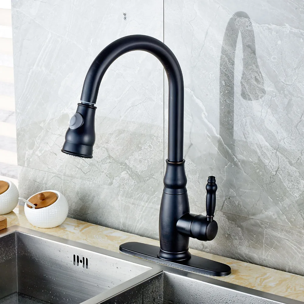 

Deck Mount Oil Rubbed Bronze Basin Faucet Single Lever One Hole Pull Out Sprayer With 8" Cover Plate