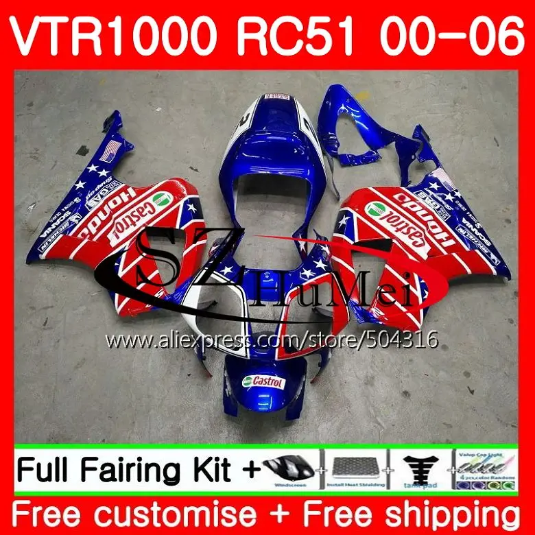 

Fairing For HONDA Blue red VTR1000 RC51 SP1 SP2 01 02 03 04 05 06 44SH19 RTV1000 VTR 1000 2000 2001 2002 2003 2004 2005 2006
