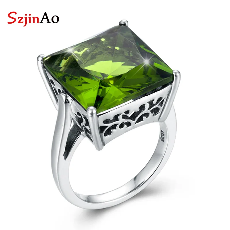 

SzjinAo Luxury Squere Peridot Rings For Women solid 925 sterling silver Fine Jewelry August Birthstone Engagement Wedding Gift