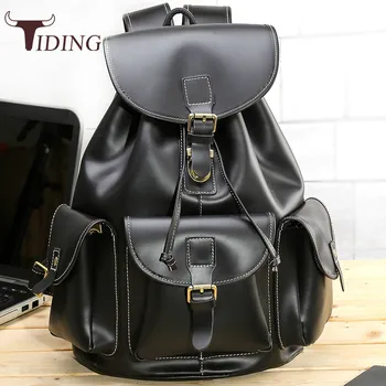 

Tiding New Business Genuine Cow Leather Mens Travel Backpack Fashion Soft Solid String Rucksack Travel Pack Black Women 31651