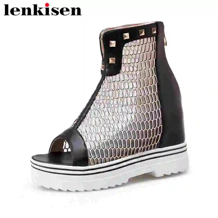

Lenkisen rock style rivet peep toe zipper summer pu air mesh super high heel solid hollow party plus size women ankle boots L8f1