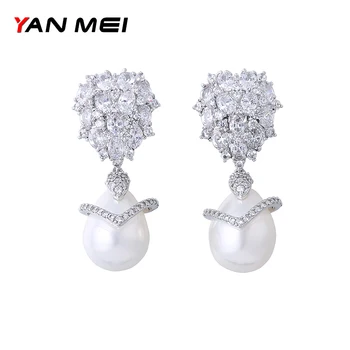 

YAN MEI Waterdrop white micro Pave Dangle Earrings For Women Zirconia Imitation Pearls Earring Jewelry GLE6122Y