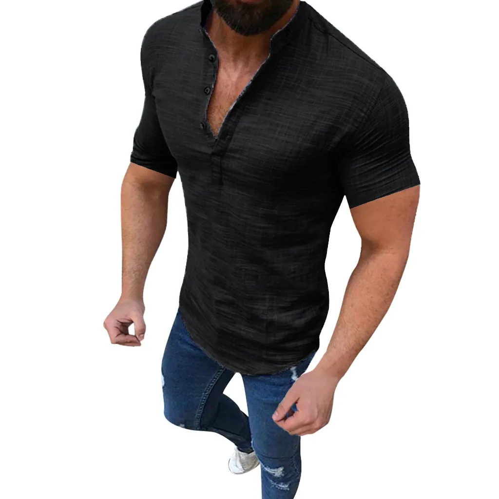 

Slim Fit Tees Tops Male Shirt Men's Casual Blouse Cotton Linen shirt Loose Tops Short 653#