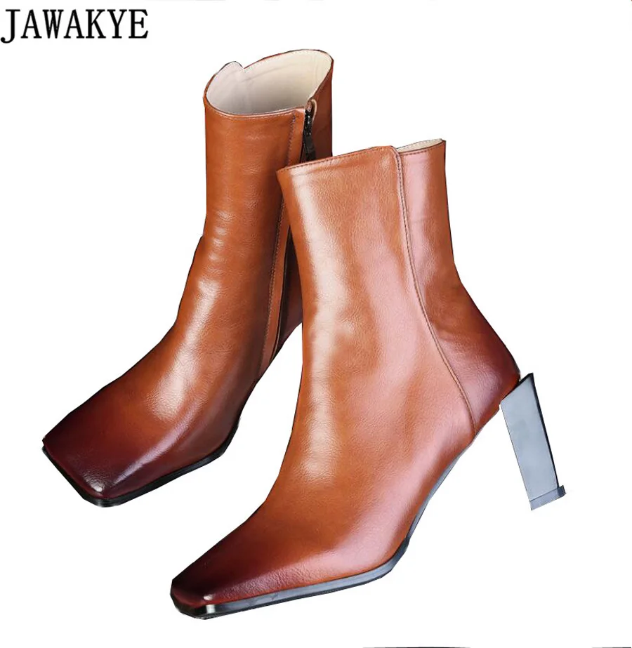 

JAWAKYE Retro Fall winter Newest genuine leather Short Boots high heels square toe runway style Ankle Boots for women shoes
