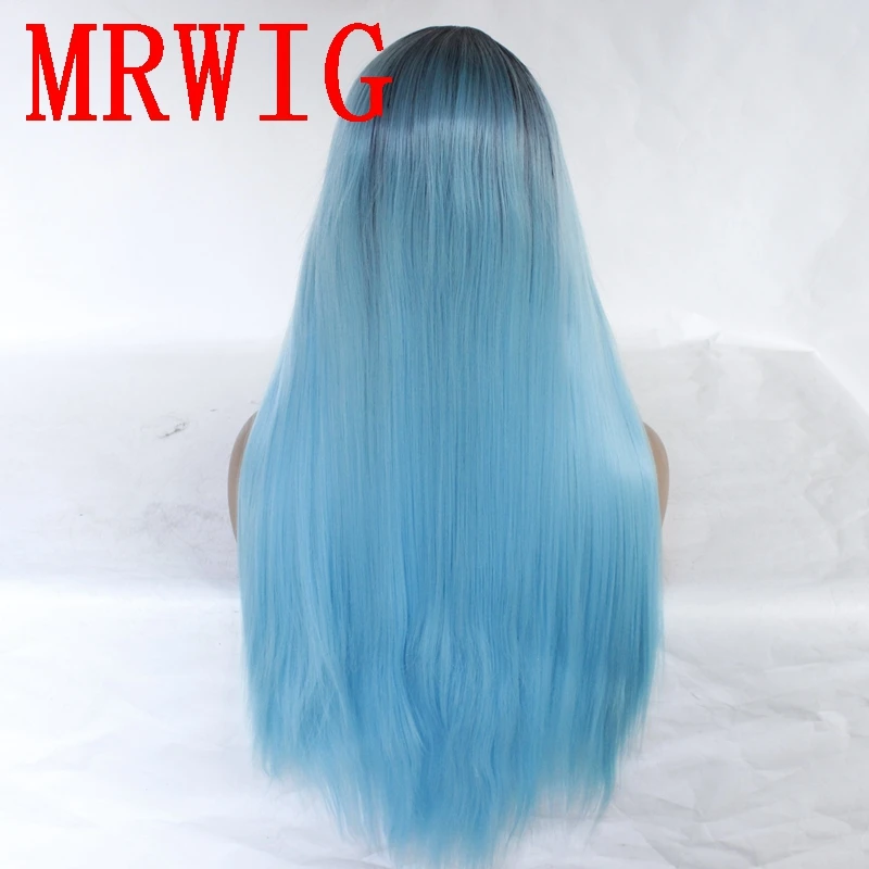 MRWIG 26in длинные прямые синтетические волосы синтетические на кружеве Ombre Синий косплэй парик для женщин