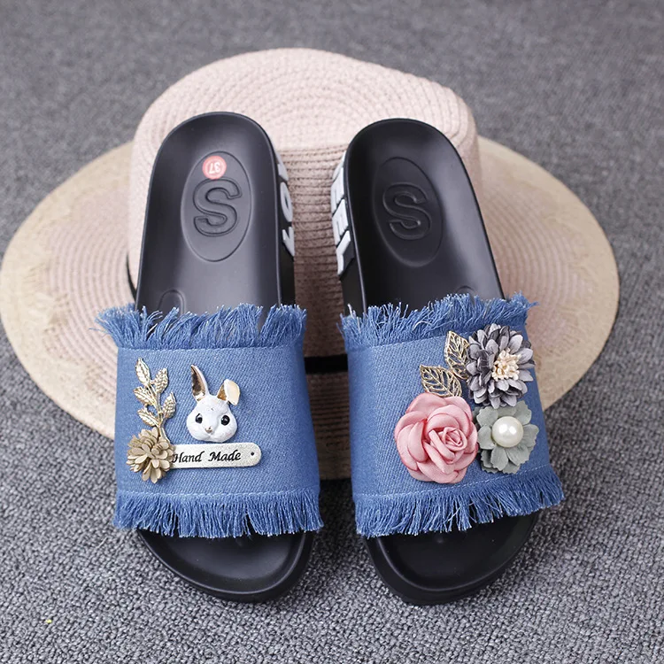 New Bunny Fabrics Soft Bottom Flowers Fringed Flat With Women Open Toe Platform Shoes Casual Slippers For Ladies Cheap45