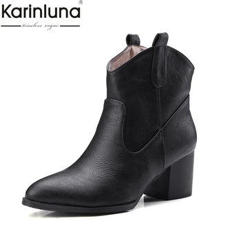 

Karinluna 2019 Autumn winter Fashion Slip-On retro woman Ankle Boots square Heel Women Shoes Plus Size 32-47 western boots woman