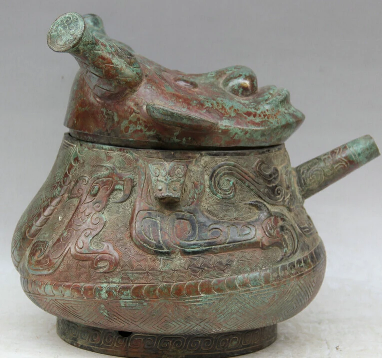 

S2196 12" Old Chinese Bronze Beast Face Head Water Vessel Wine Tea Pot Flagon D0318