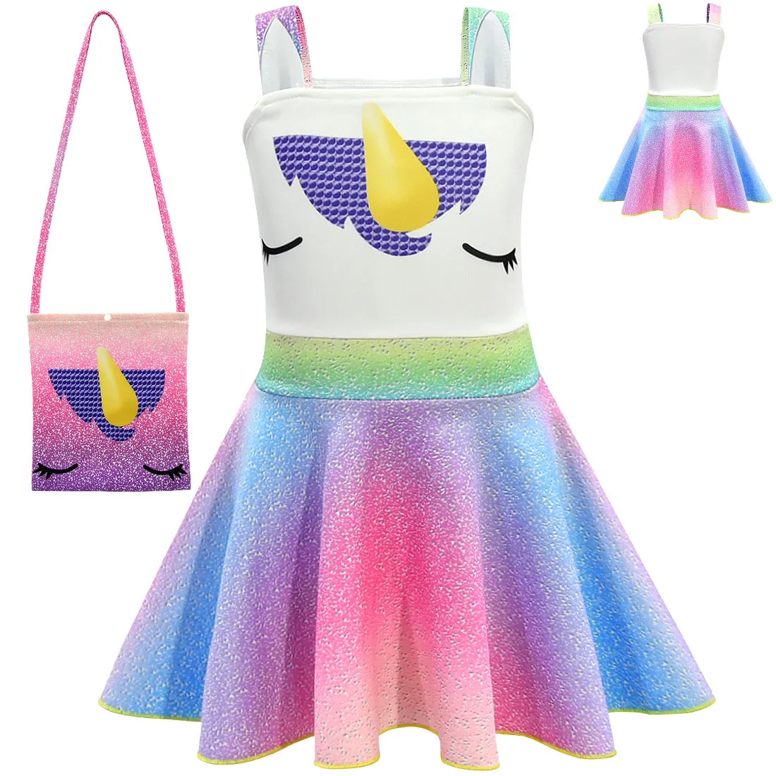 

Kids Girl Unicorn Dresses and Bag Knee-Length Robe colorful Rainbow Girl Birthday Party Dress Up Fancy Halloween Unicorn Costume