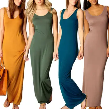

Summer Women Sleeveless Plain Color Long Maxi Dress Casual Slim Tank Dresses