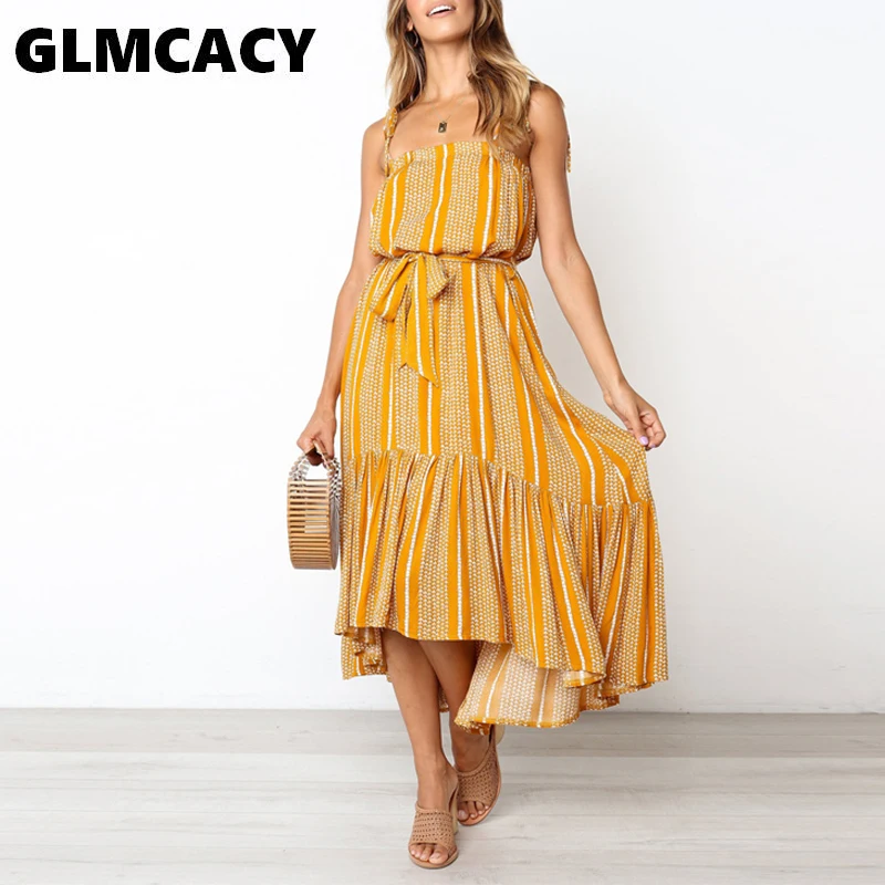 

Women Bohemian Loose Stripe Dot Print Sleeveless Spaghetti Strap Belt Dress Mid-Calf Slash Neck Summer Beach Dress