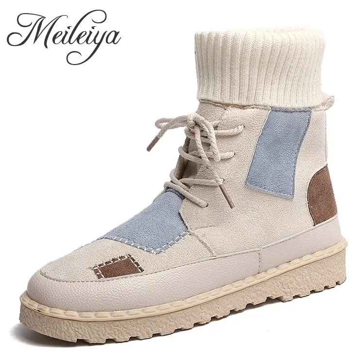 

Autumn Winter Ins Hot Sale Quality Cheap Lace Up Suede Patches Boots Stylish Hip-top Patchwork Knitwear Tops Shoes for Women