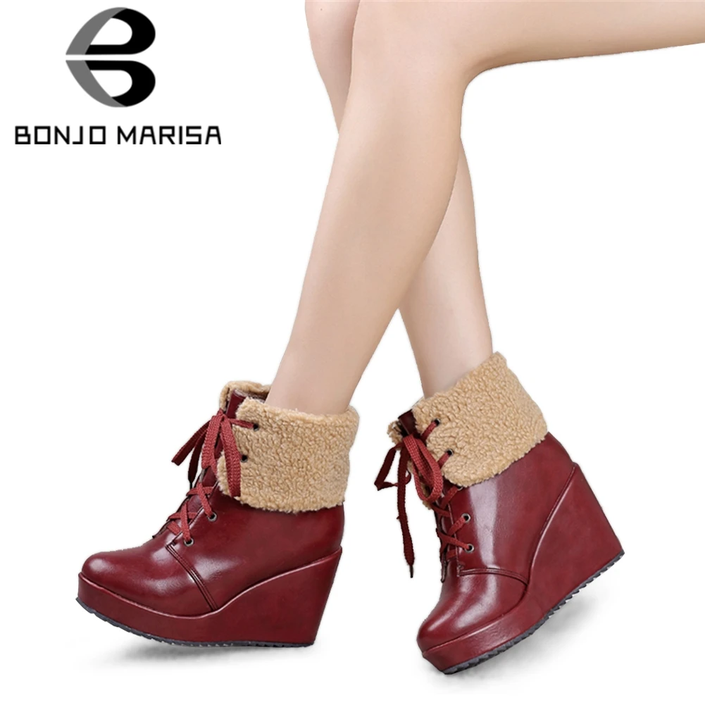 

BONJOMARISA 2019 Winter Big Size 34-43 Elegant Women Platform Ankle Snow Boots lace-up High Wedges Fur Boots Shoes Woman