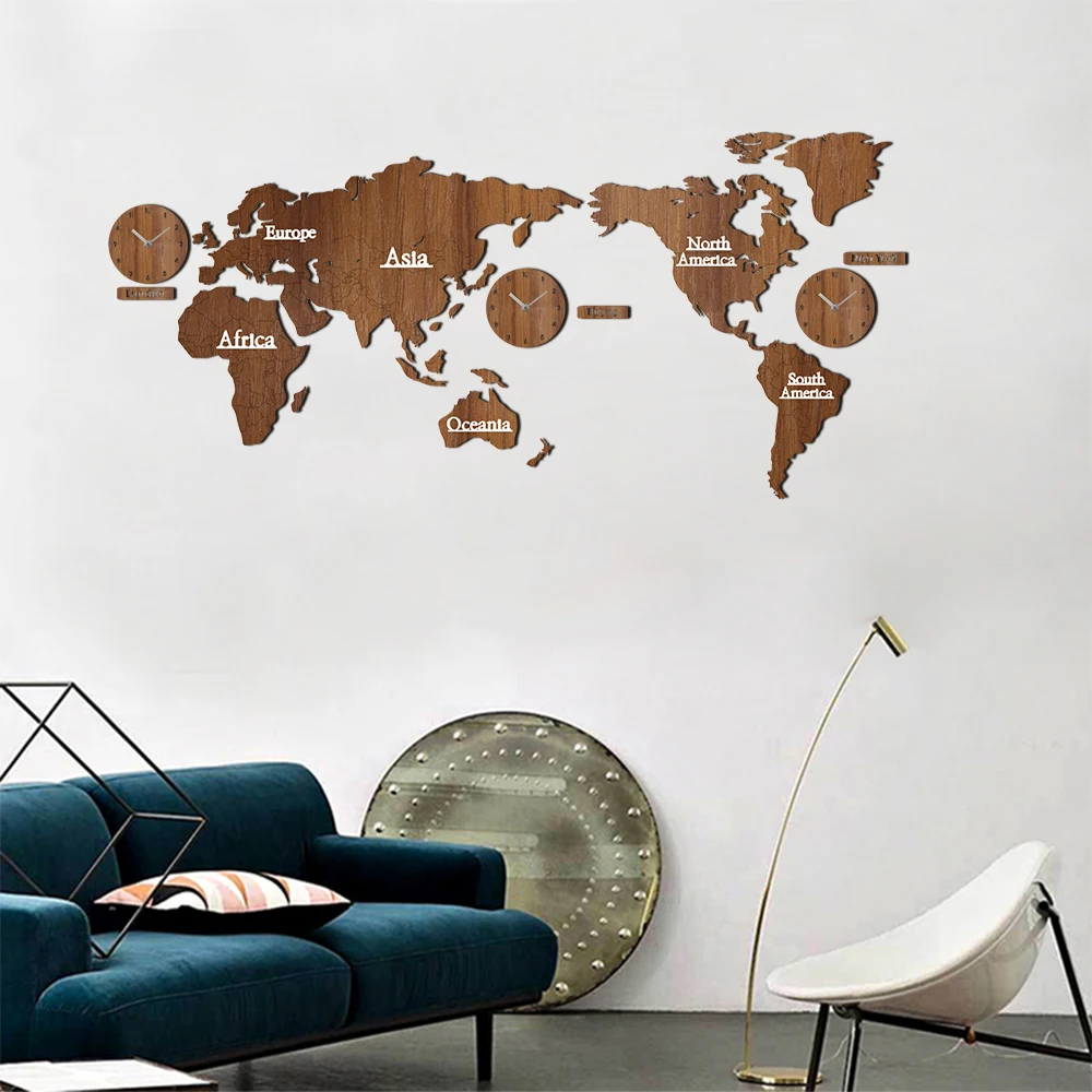 creative world map wall clock wooden large wood watch wall clock modern european style round mute relogio de parede in wall clocks from home garden on