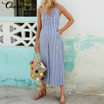 

Vintage Women Jumpsuits Long Rompers 2020 Celmia Summer V-neck Casual Loose Buttons Striped Wide Leg Pants Plus Size Overalls