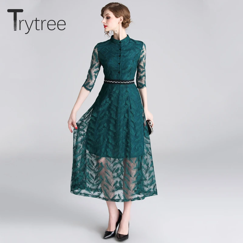 Trytree осеннее Элегантное повседневное кружевное платье-рубашка с перьями из полиэстера женские платья сплошного зеленого цвета длиной до лодыжки офисное платье трапециевидной формы для леди