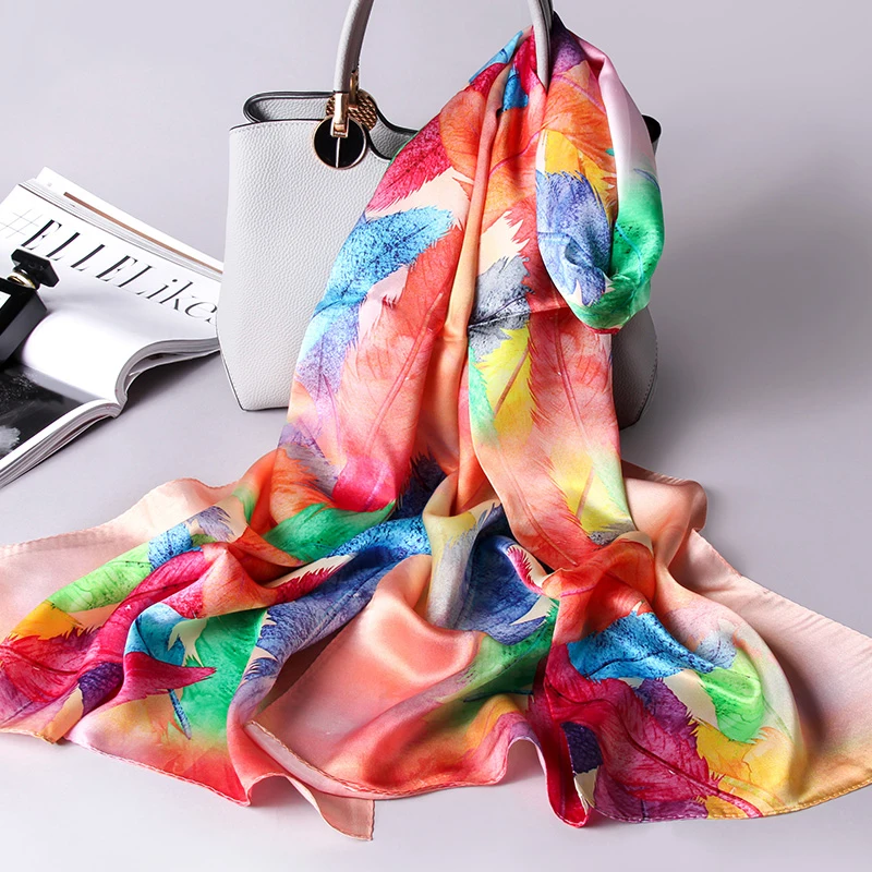 Натуральный шелковый шарф, женский шелк из Ханчжоу, шали и обертывания для женщин,, с принтом, винтажный Шелковый платок, длинный, чистый шелк, шарфы
