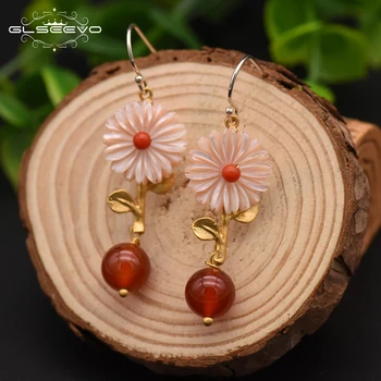 

XlentAg Designer Natural Red Agate Flower Dangle Earrings Gold Plated Leaves Plant Drop Earrings 925s Handmade Jewellery GE0051