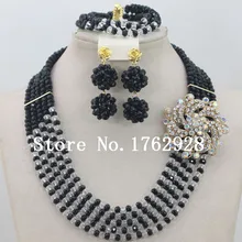 Набор ювелирных изделий с черными кристаллами, свадьба в Африканском нигерийском стиле, комплект ювелирных изделий из бисера, ожерелье, браслет, серьги, C000125