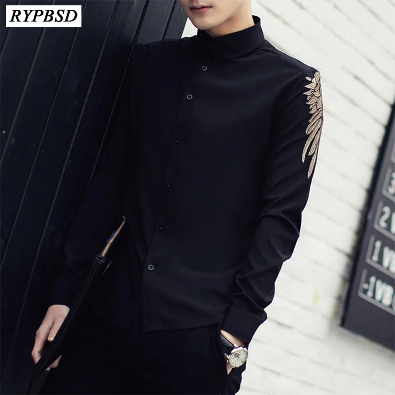 

Chemise Homme 2019 New Spring Solid Long Sleeve Embroidered Shirt Men Korean Fashion Slim Fit Casual Men Shirt Black White 3XL-M