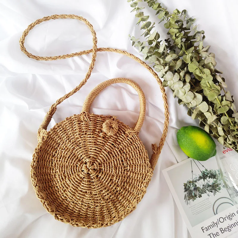 

Round Straw Women's Bag Summer Rattan Bag Hand-Woven Beach Messenger Bag Rattan Women's Shoulder Bag