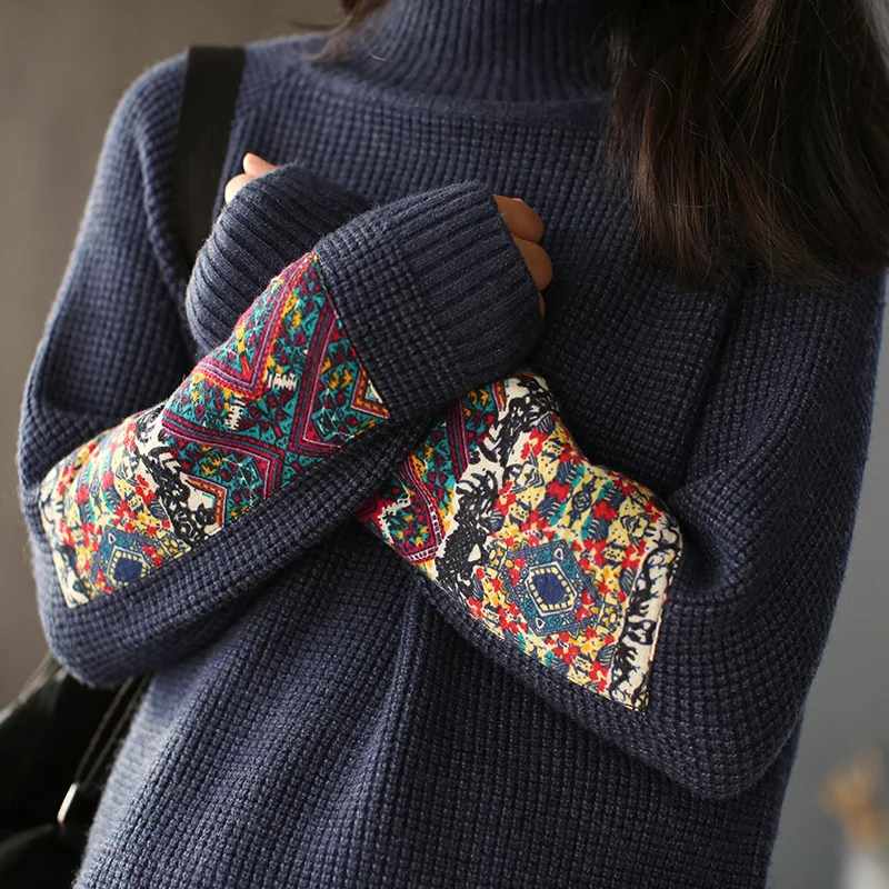 Вязанный женский свитер и пуловеры с цветочными нашивками, Осенний женский свитер с высоким воротом, женские зимние пуловеры