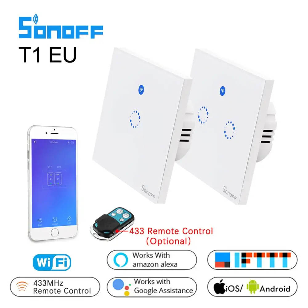 Sonoff Wifi Wall Touch Switch T1 EU 1 2 Gang Glass Panel Wall light