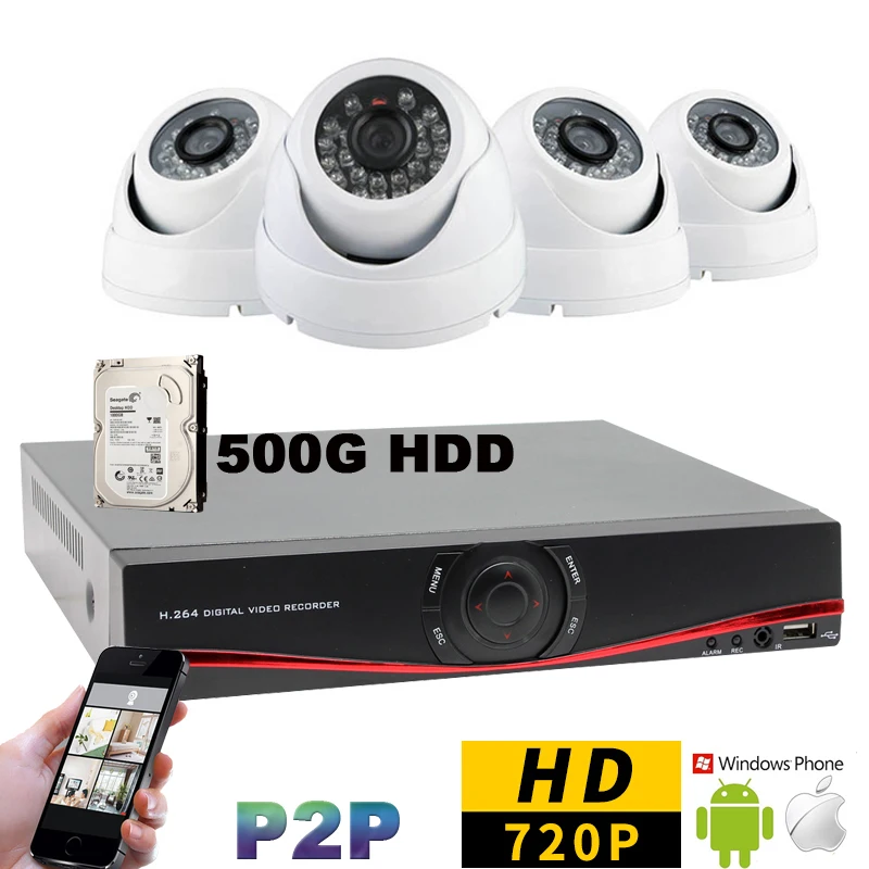 4Channel AHD 720P 1MP CCTV Video Surveillance Cameras System 4CH Indoor Dome IR Cameras DVR Kit with 500GB HDD