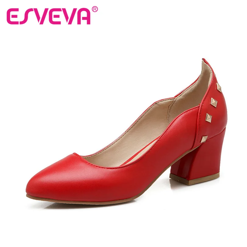

ESVEVA White Rivets Thick Heel  Women Shoes Pointed Toe PU Slip on Woman Pumps Black Red Summer Ladies Wedding Shoes  Size 34-43
