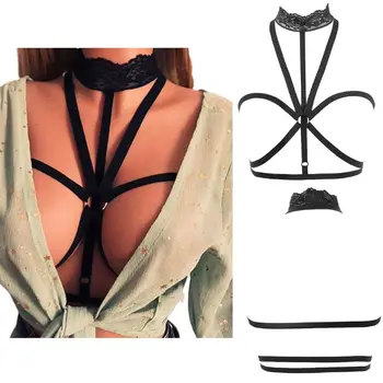 

Women Halter Floral Lace High Neck Cage Bra Multi Strappy Bandage Erotic Open Cup Lingerie Body Harness Bustier Cut Out Crop Top