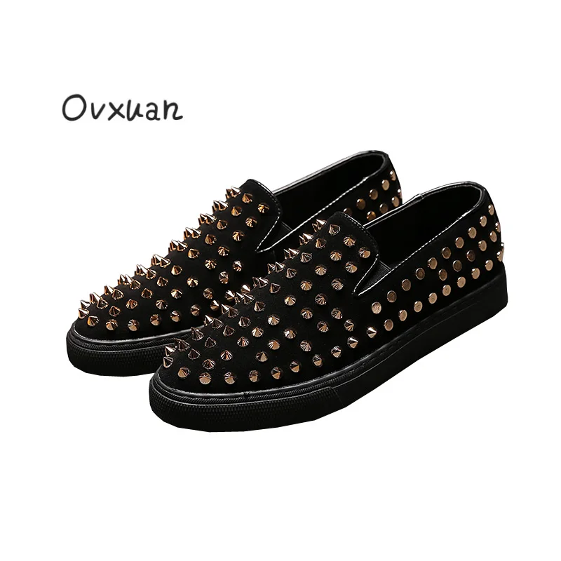 

Ovxuan Black Genuine Leather Loafers Pointed Spike Toe Round Rivet Side Men Loafers Shoes Fashion Hip Hop Flats sapato masculino