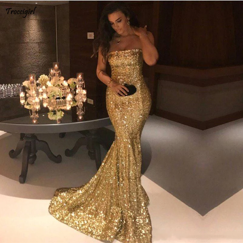 

Sexy Strapless Silver Mermaid Prom Dresses 2018 New Arrival Sparkly Sequined Long Formal Evening Gowns Cheap Vintage Party