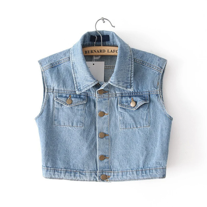 European Women's Fashion Washed Denim Vest with Short Sleeveless Jeans Vest Jacket Spring Summer