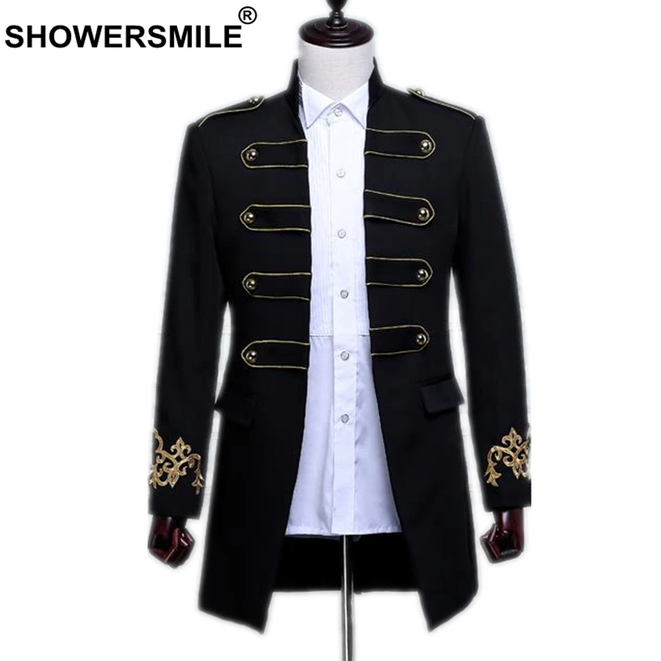 

SHOWERSMILE Men's British Style Palace Prince Blazer Men Black Long Suit Jacket Wedding Groom Embroidery Male Singers Coat