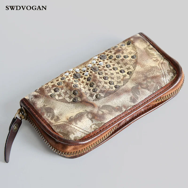 

Rivet Genuine Leather Men Wallet Clutch Phone Bag Vintage Male Purse For Coins Card Holder Long Wallet Zipper Carteira Printing
