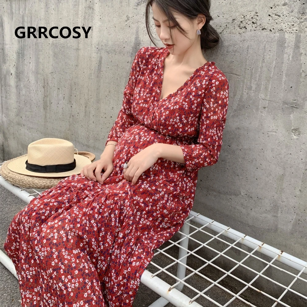 

GRRCOSY Maternity Dresses Chiffon V-Neck Floral Long Sexy Breastfeeding Clothes Half Fashion Photo Shoot Party New summer