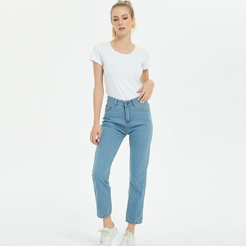 

2019 Straight Jeans for Women Full Length High Waist Streetwear Zipper Fly Blue Denim Pants with Pocket