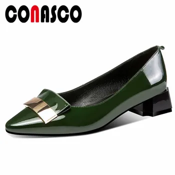 

CONASCO Spring Summer Pointed Toe Women Pumps Office Concise Fashion Genuine Leather Metal Decoration Thick Heels Shoes Woman