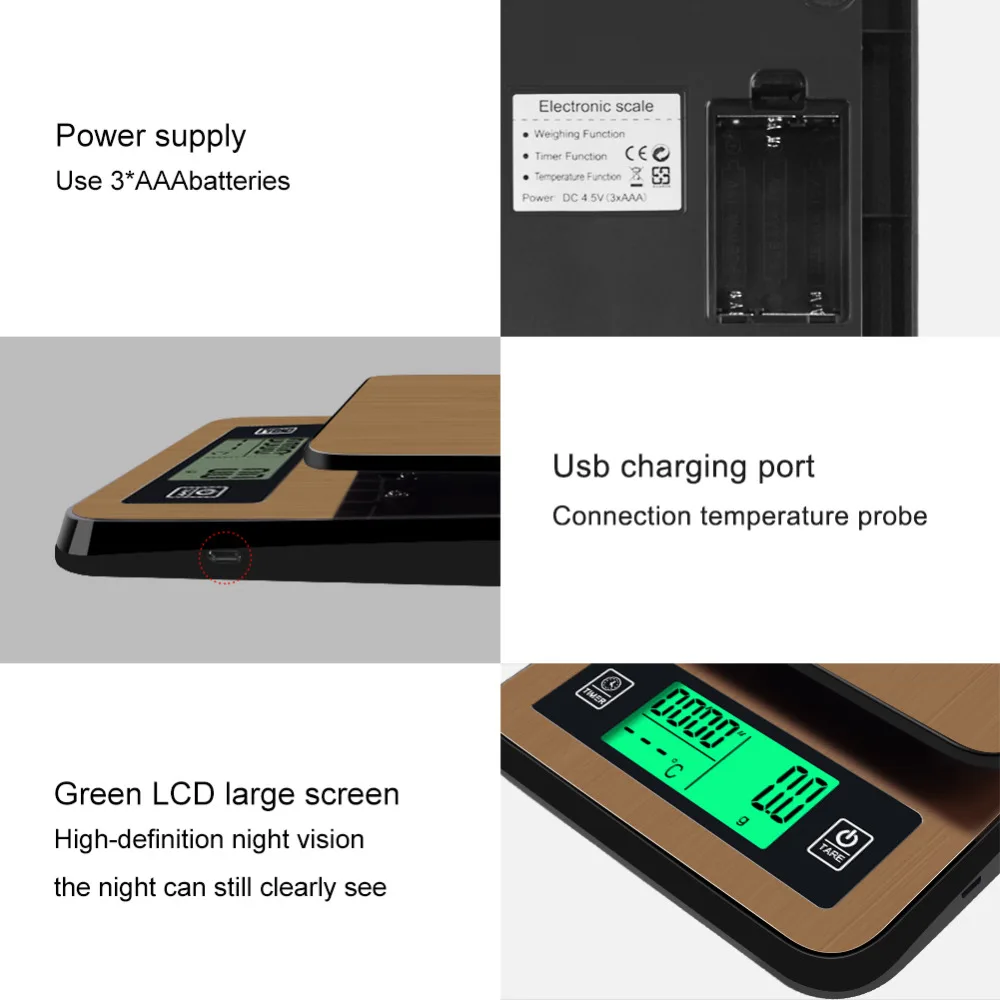 Tanie 2018 nowy czas ręcznie myte kawy waga elektroniczna z sondą cyfrowa kuchenna skala wysoka precyzja LCD waga żywności 1 KG 0.1g